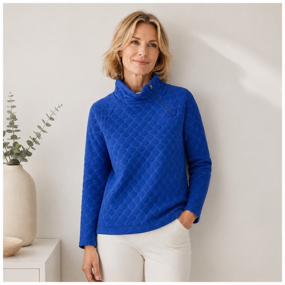 T by Talbots Mock Neck Zip Quilted Metallic Pullover Sweater Women S Blue Casual